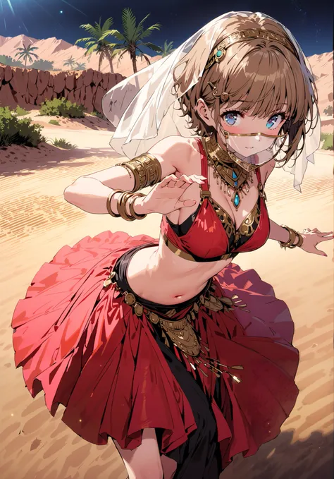  score_9,  score_8_up,  score_7_up,  source_anime, Tomoe Koga,  short hair, brown hair,  blue eyes, hair clips,Arabian clothing,  dancer , mouth Veil, belly Dancing, Veil, armlet,,  desert,  oasis, palm tree, Bare legs,water,  stage,Dancing,night,full body...