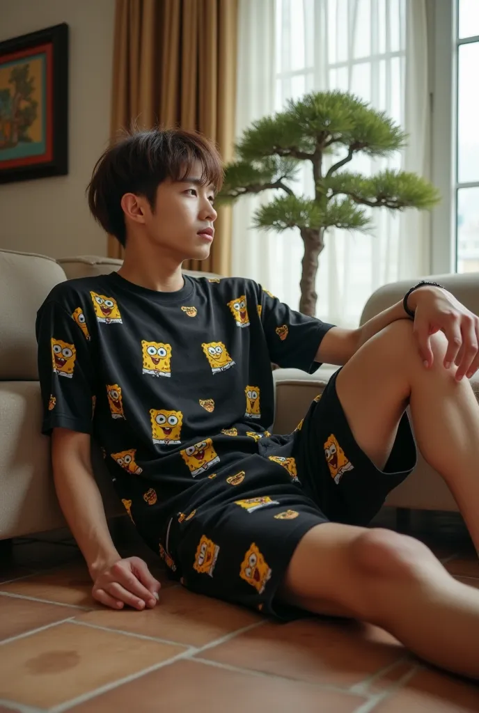 A handsome Korean man with brown hair, wearing black clothes with Spongebob pictures, shorts, is sitting listlessly on the tiles leaning on the sofa, inside the house, beautiful decoration, there is a long bonsai.