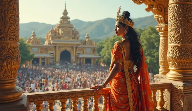 16k The sinhalese queen watch the people below from a palace balcony.