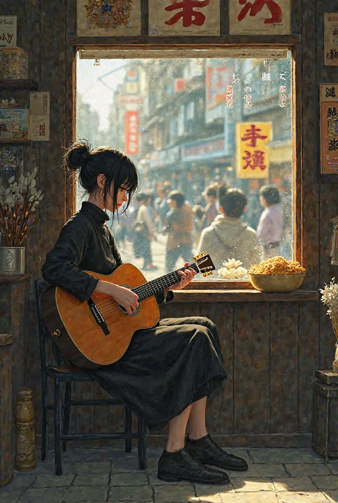 The March Rice Store had people coming and going outside the window, and the black rapeseed girl who couldn't see her face smiled,Sitting alone in the room playing the Gibson SJ200 guitar