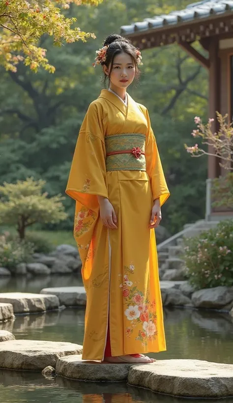  Fantastic　realistic footage　Japanese House　garden　On the stones in the pond　 yellow kimono　cute２０ year-old woman　hair ornaments close to the garden　facing the front　 face visible