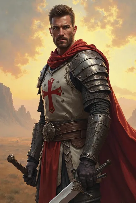 Templar warrior without the helmet, without a beard, with a confident look courageously wielding his sword