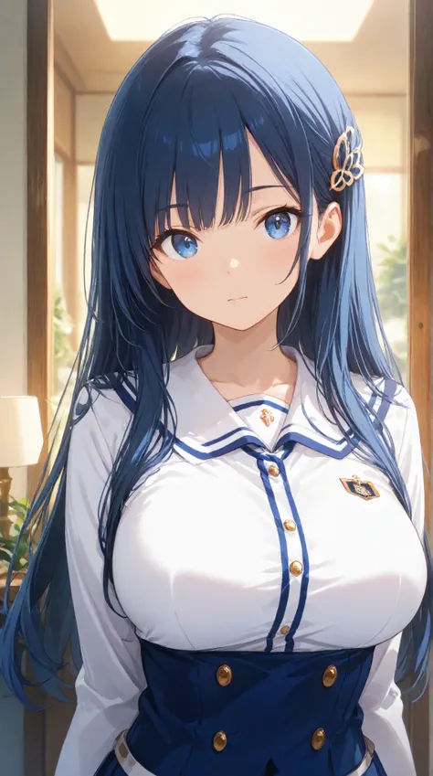 masterpiece,large breasts, long hair, (black hair1.5) , bangs, （1girl1.5）, 青リボン、Blue hairs ornament, 18 years old、breast focus、looking at viewer，full body，　
school band uniform,  Belle Lila