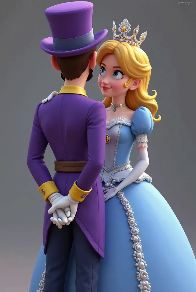 waluigi en homme habiller en costume violet avec son chapeau violet , sa moustache et ses gants blanc derriere princesse rosalina en humaine assise devan lui avec une magnifique robe bleu pale realiste 