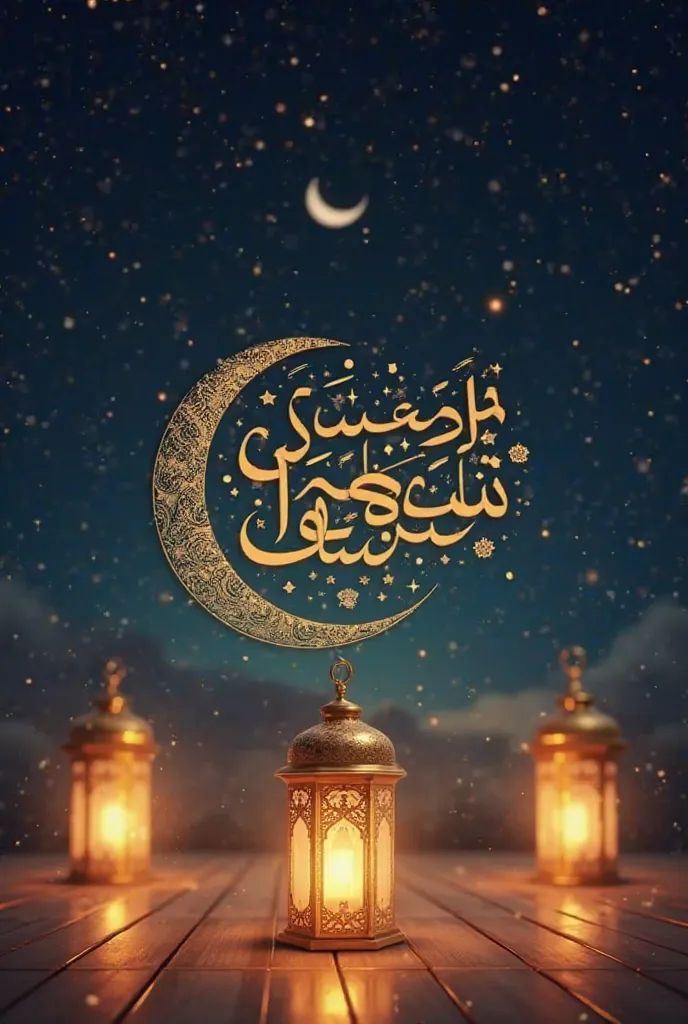 "Ramzan Mubarak poster with elegant Islamic calligraphy, crescent moon, stars, lanterns, and a tranquil night sky in warm gold and blue tones. Add modern text 'Ramzan Mubarak from Shifu Logos'."