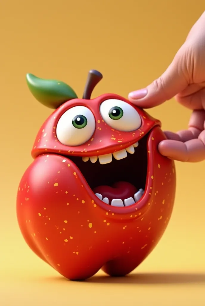 Close-up of human's mouth. Apple-bert being bitten into. Cartoon