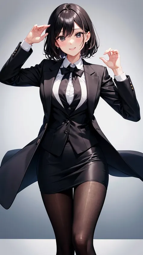 sexy older sister in a black business suit wearing a black tie　　 　　I'm wearing a black tie　black pencil skirt　Brown tights　A radiant smile　 Hi-Res　 high image quality　Taking off his suit jacket