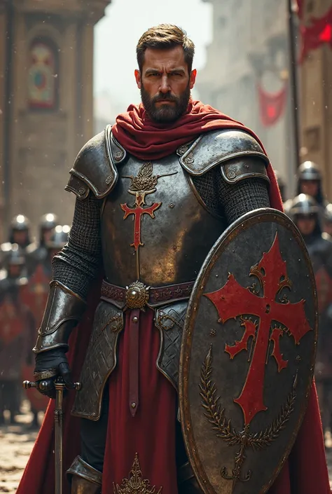 Templar warrior without the helmet, without a beard, with a confident look courageously wielding his shield and sword