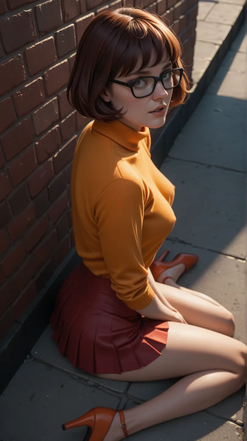 score_9_above, score_8_above, score_7_above, Velma mini skirt orange blouse, with breast neckline, Hands on the wall  , background looking to the side, dramatic light , reflexes, big ass, medium breasts , looking at the spectator, Excited, clavange breasts...