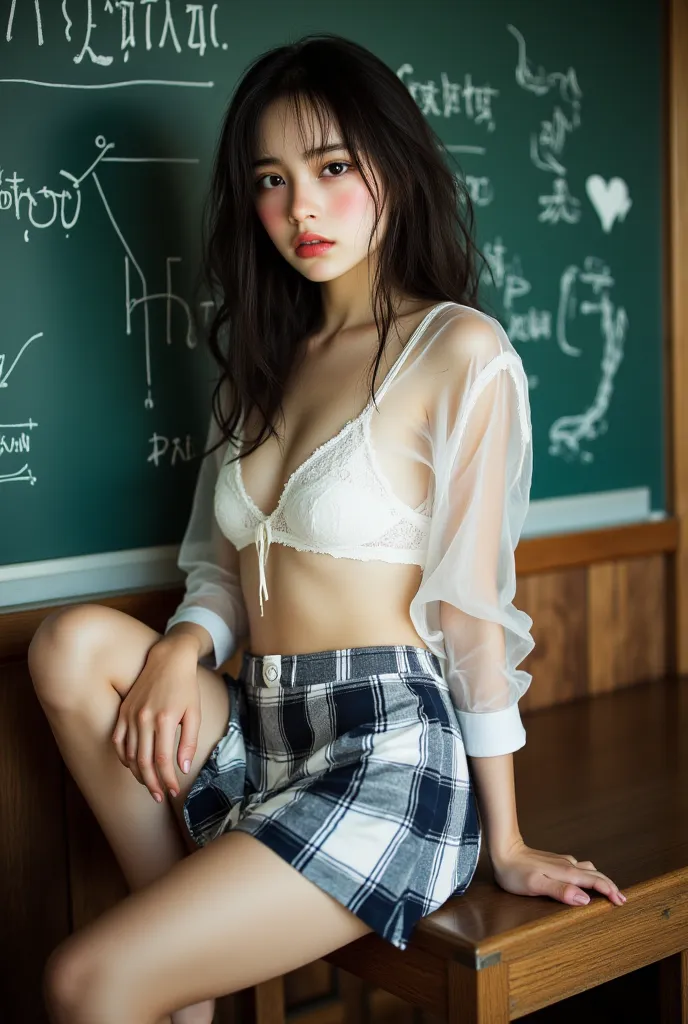 A beautiful Thai woman in the classroom. Formulate , She is wearing a semi-sheer white blouse that reveals a lace bra underneath, and a very-short pleated plaid skirt in navy blue and white, underwear are under skirt,  long figure  , wavy hair cascades ove...