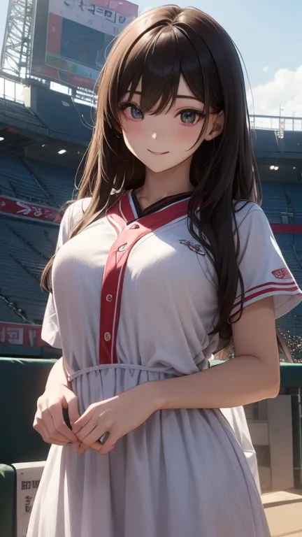 ​masterpiece、1 beautiful anime girl、A detailed eye、Puffy eyes、top-quality, 超A high resolution, (Realisticity: 1.4), cinematlic lighting、japanes、wears baseball varsity and baseball Jersey inside the varsity 、Asian Beauty 、Super beauty、Beautiful skin、A slend...