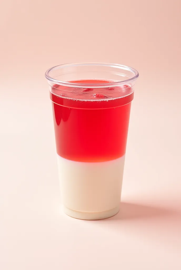 A plastic cup with red jelly and pinito milk 