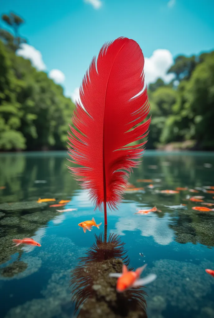 A magical red feather floating on surfaces of clear water pond with colorful fishes