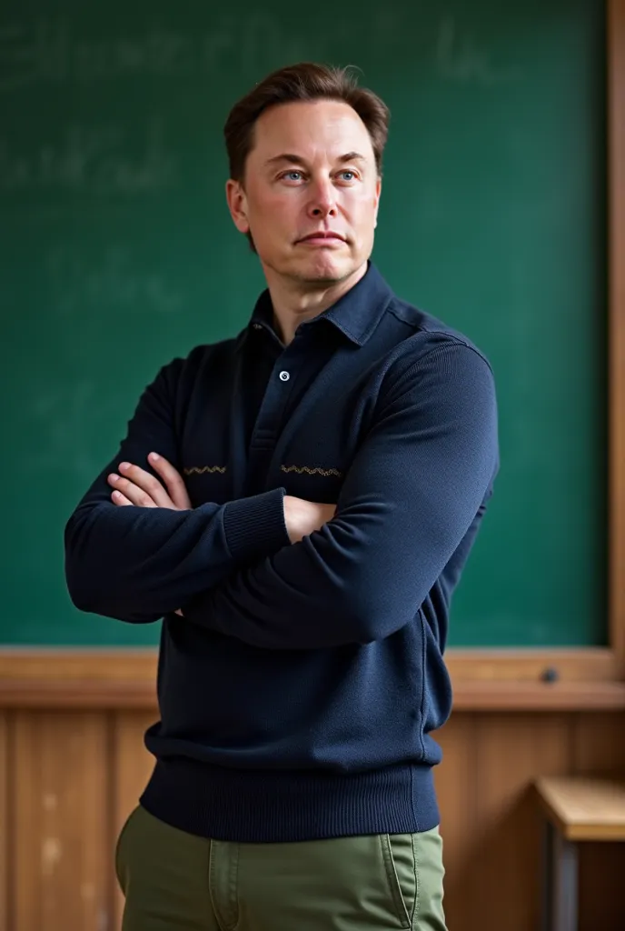 Create an AI-generated image of Elon Musk in a confident side profile pose, standing in front of a green chalkboard, similar to a classroom setting. Elon Musk should have a determined expression, with his arms crossed, exuding confidence and leadership. Dr...