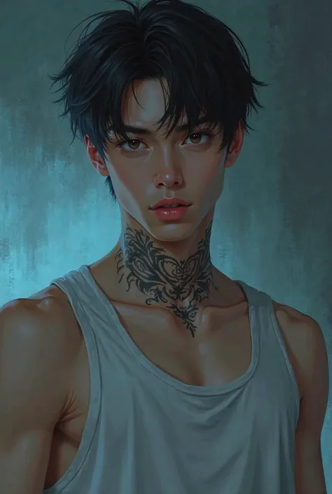 Prompts
Semirealistic illustration of a young man between 25 years old Korean tattooed neck, pelinegro, seductive face with tank top, And that the image is in cold tones,