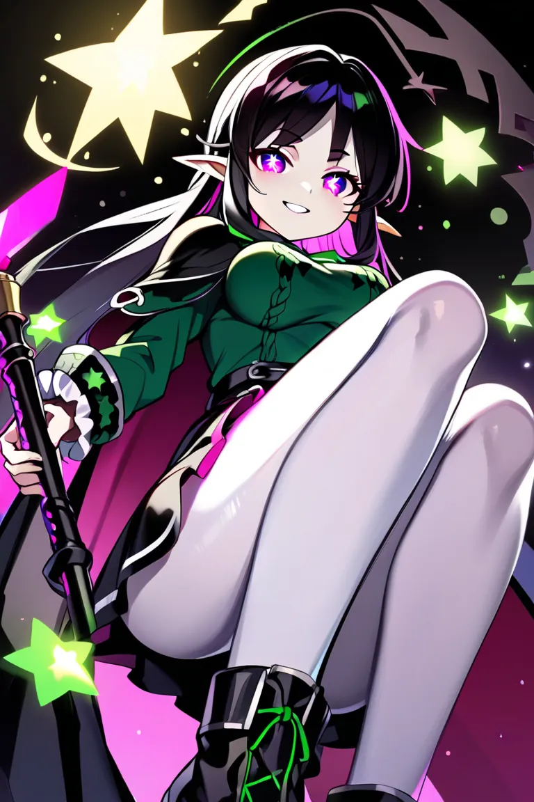 lovely female elf, white skin, smiling, looks like very young, black hair, frilled white pantyhose, from below, uncensored, green sweater, black coat with green pattern on cuffs, black short cape, black skirt and white silk and black boots, right hand hold...