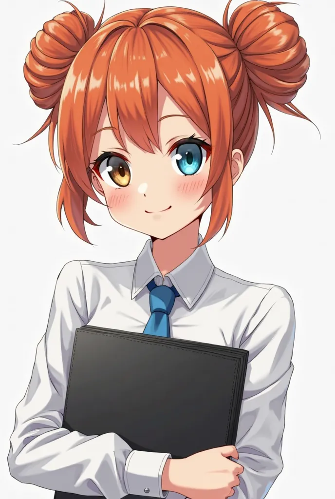 An anime girl with ginger hair styled into two neat buns. She has striking heterochromatic eyes—one blue and one brown—long eyelashes, and a slight blush on her cheeks. She is dressed in a classic white shirt with a blue tie. She holds a black folder in he...