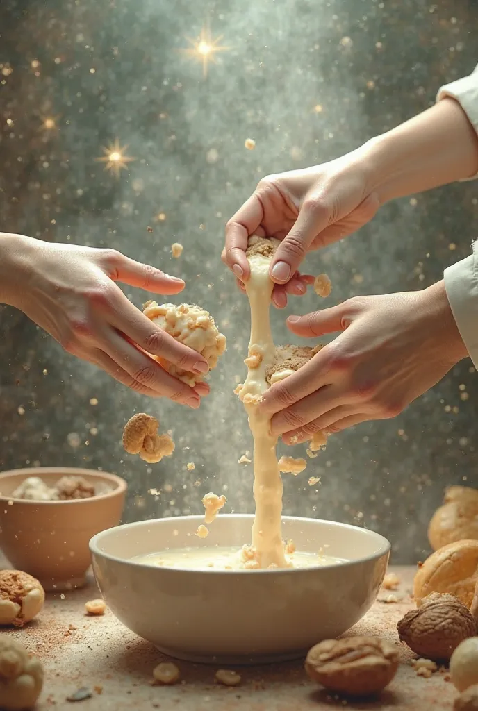 Nut milk cooking scene with manipulating hands