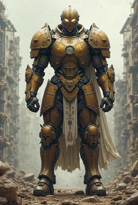 Make me an illustration of a crusader (with full plate armor) combined with a power armor from fallout, using the crusader armor as a base.