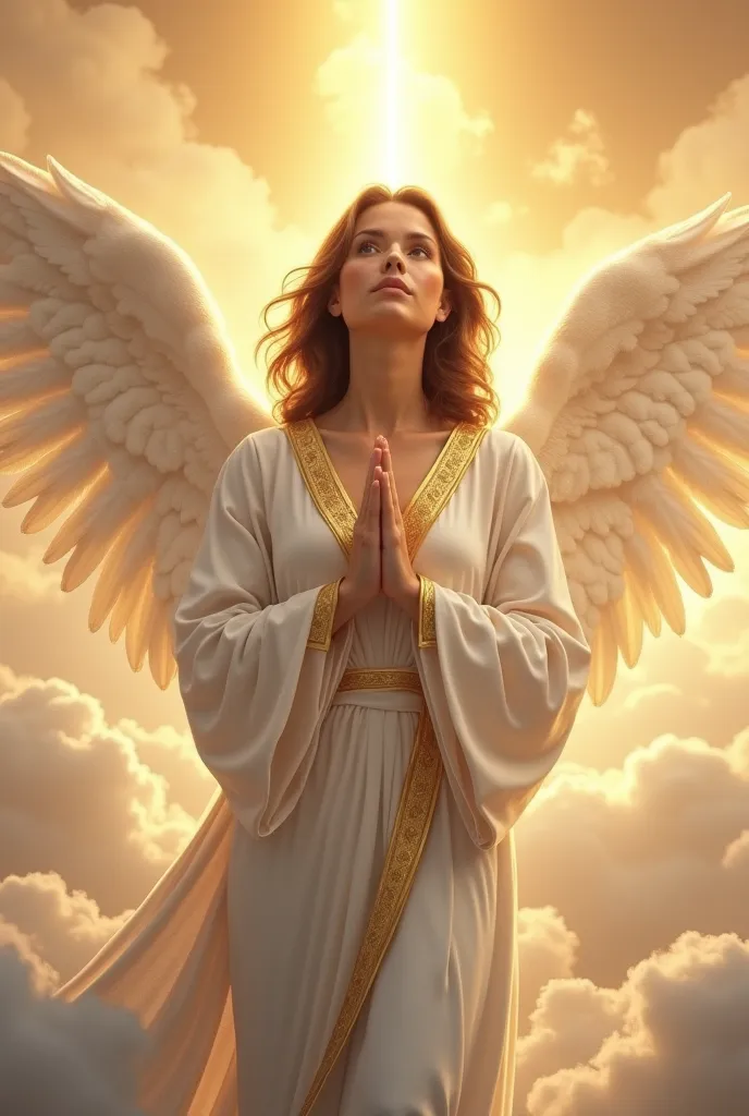 An angel above the clouds, wearing a white robe with gold stripes, shoulder length brown hair, golden eyes and a bright golden aura above her head with wings outstretched and her hands clasped in the form of a prayer 