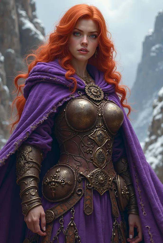 A dwarf woman from a red-haired fantasy story with a purple cape