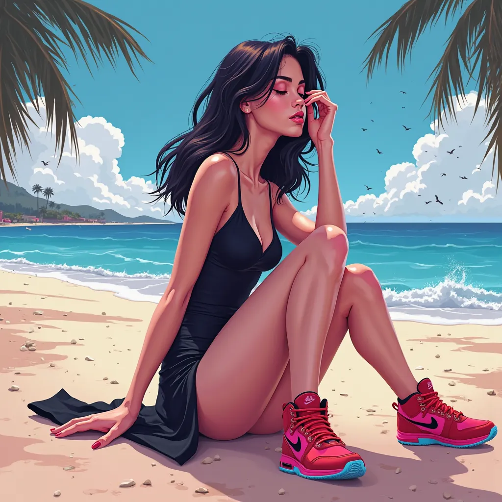 A Caucasian girl 19 years old posing on the beach, with Black dress, red Nike sneakers, vice City, In profile with eyes closed, carttoon 3D