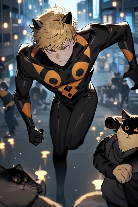 Play a male character like Hakari Kinji from the anime Jujutsu Kaisen with blond hair and light eyes do with the hair of Cat Noir from the cartoon Miracles and have him have a black cat