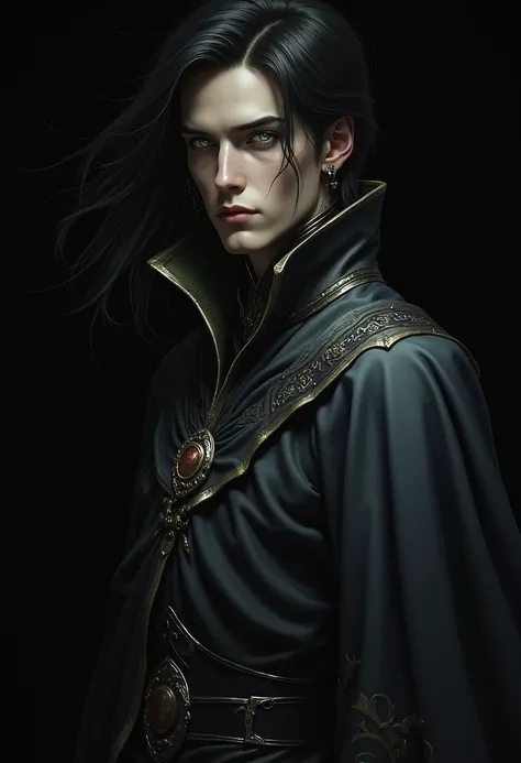 portrait, black-haired, wizardman, dressed in dark robes, green eyes, black background, Slim build,