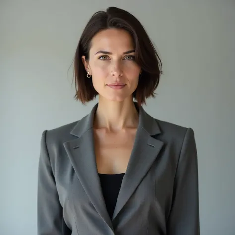 Elena (5'7", short brown hair, gray suit, stern face),