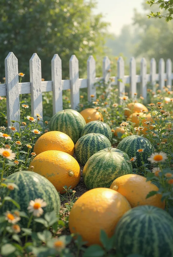 Melon garden with white wooden fence and apollo aster surrounding it