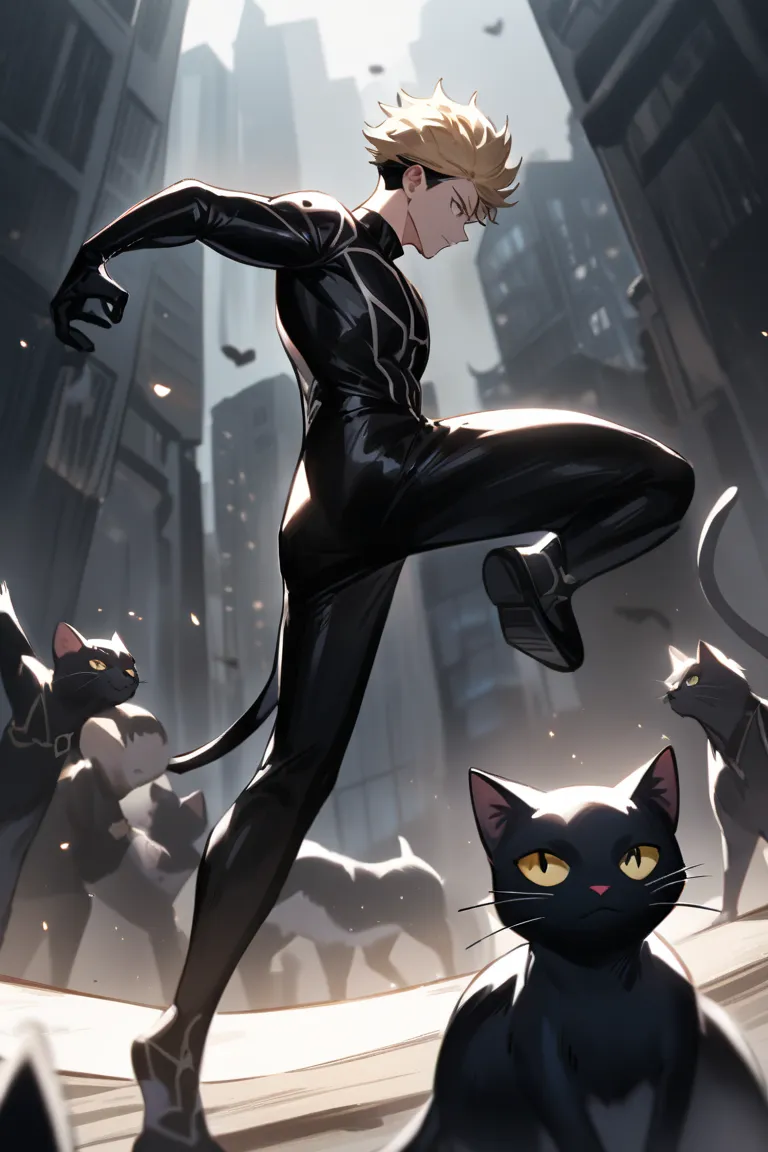 Play a male character like Hakari Kinji from the anime Jujutsu Kaisen with blond hair and light eyes do with the hair of Cat Noir from the cartoon Miracles and have him have a black cat