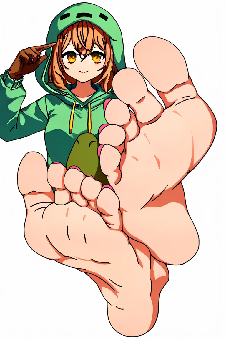 cupa_minecraft, 1girl, solo, standing, close up, green_hoodie, green_legwear, brown_gloves, minecraft forest, holding tnt block, score_9, score_8_up, KJOmomo, dantegemini_style, foot focus, barefoot, pink toenails, feet, toes, white background, masterpiece...