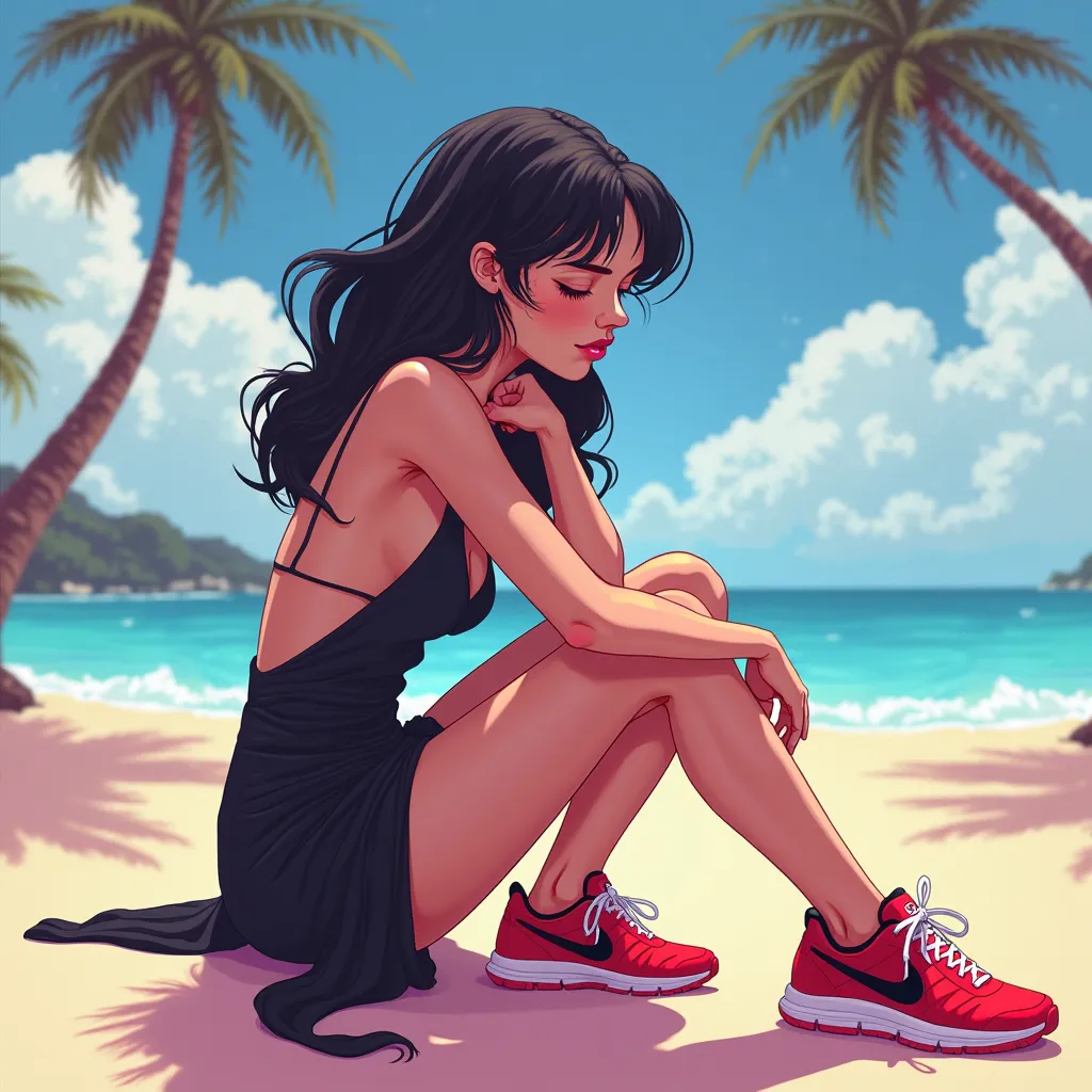 A Caucasian girl 19 years old posing on the beach, with Black dress, red Nike sneakers, vice City, In profile with eyes closed, carttoon 3D