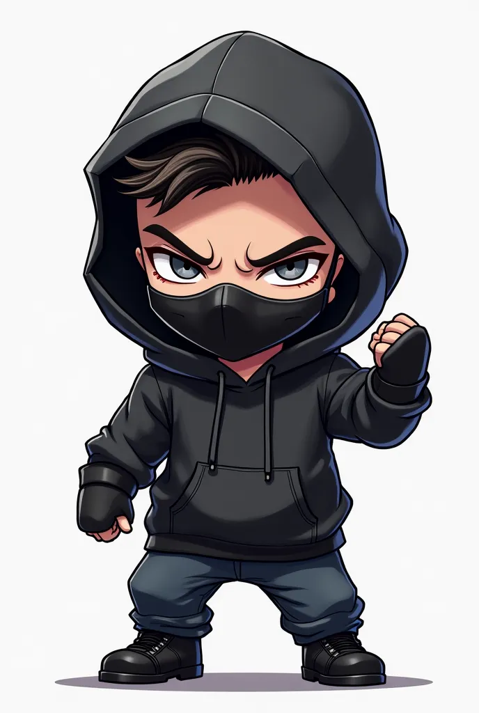 Chibi a man wearing a black hoodie,  Using a mask , Challenging gesture