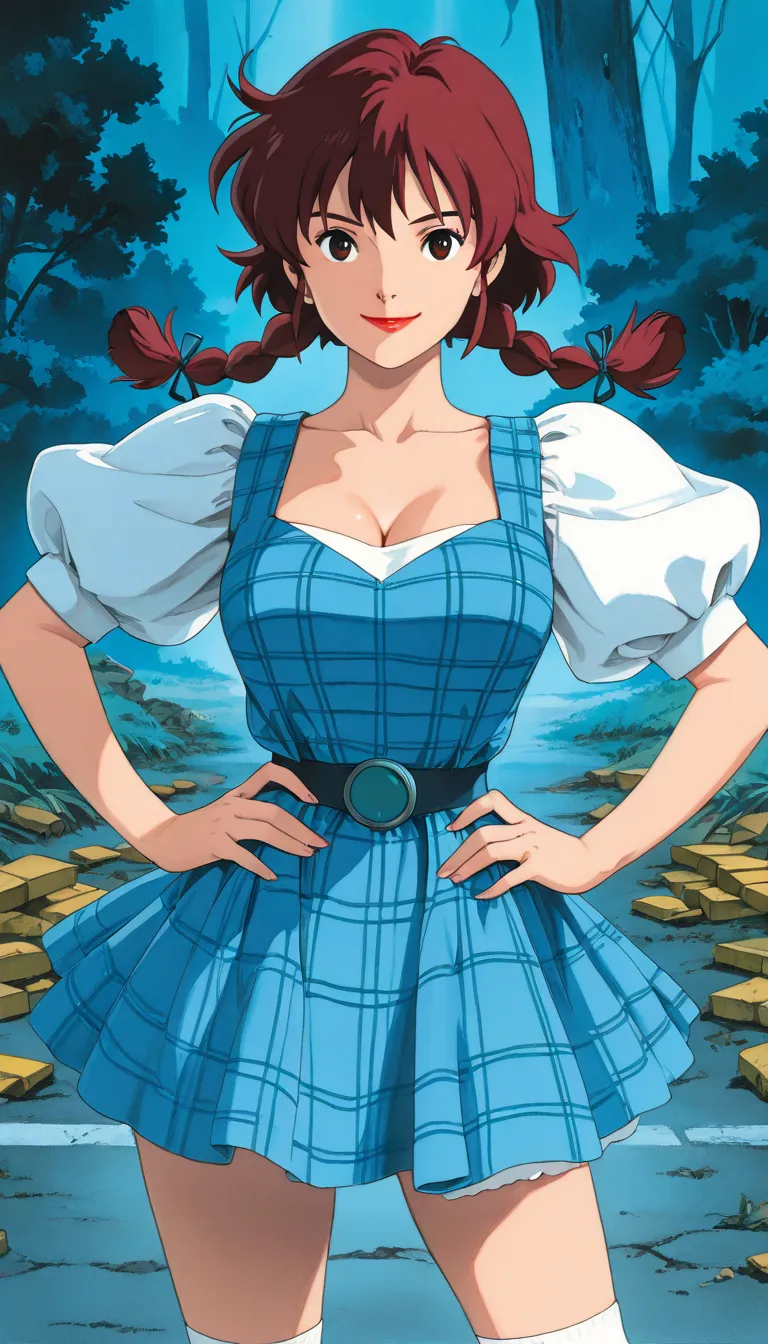 (1girl, Dorothy), (extremely detailed CG unit 8k wallpaper),(master part), (best quality), (ultra detail), (best illustration),(ghibli_style), cowboy shot, standing, sexy pose, facing viewer, looking at viewer, perfect face, perfect eyes, perfect fingers, ...