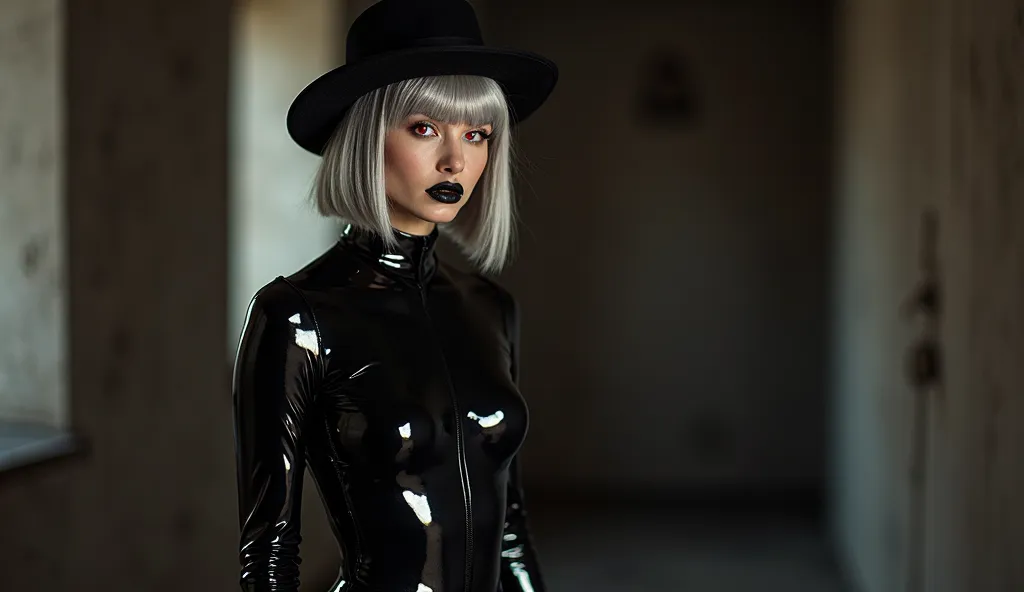 In a dimly lit room, a woman stands confidently, her long bob cut silver metallic hair catching the faint light. She is clad in a completely seamless skintight neck-entry shiny obsidian black latex bodysuit that clings to her figure like a second skin, com...