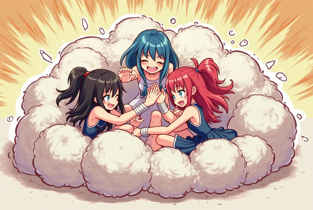 An anime-style illustration depicting many gals playfully wrestling with each other inside a comical fight cloud.
each gal has different colored hair.
their faces,hands,and feet are visible emerging from the cloud as they tussle humorously,  with the rest ...