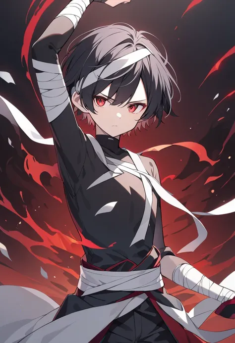 boy, dark red black hair, red eyes , short hair, cowboy shot, wrapped bandage,  floating pose