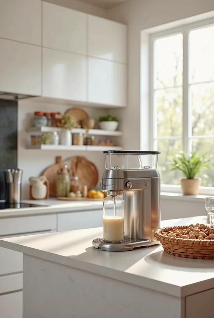 The kitchen has a machine for cooking nut milk and nuts in the basket 