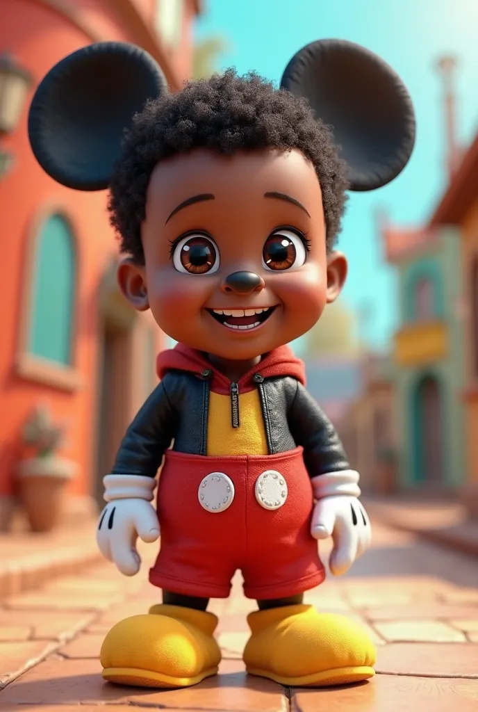 Create an image of a  baby boy, Dark Skin  , short curly hair , smiling, wearing “Mickey Mouse” clothing as if it were a Pixar movie character 3D character, Mikey costume