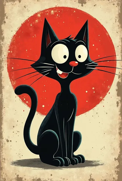 "Create a vintage cartoon-inspired design featuring an anthropomorphic black cat character with large expressive eyes and a playful, whistling pose. The character should have a retro 1930s animation style, with bold black outlines, minimal shading, and exa...