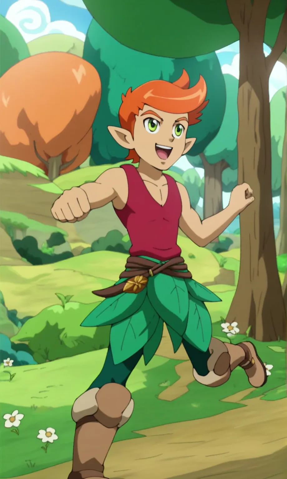 Edyn, 1boy, dark-skinned male, orange hair, boy cut hair, green eyes, Green leggings, pointy ears, Maroon tank top, leaf skirt, Beige boots