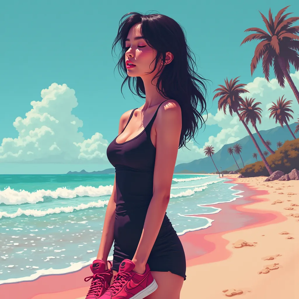 A Caucasian girl 19 years old posing on the beach, with Black dress, red Nike sneakers, vice City, In profile with eyes closed, carttoon 3D