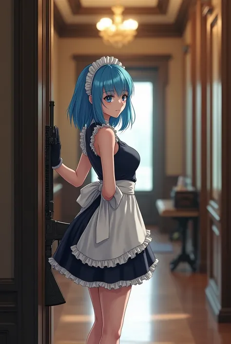 Anime girl, Bulma from Dragon Ball, masterpiece, high quality, high resolution, photorealistic, high resolution, RAW photo, (maid costume standing in the hallway of a luxurious mansion), ((a young, young woman hiding in the corner of the hallway, with long...