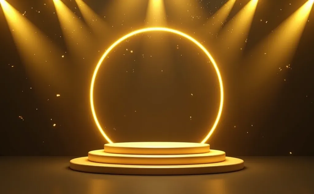 This image depicts a glamorous and celebratory stage setting, ideal for showcasing awards, products, or announcements. Let's break down its features and potential applications:

Image Description:

The image showcases a three-tiered, circular golden podium...