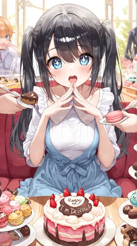 ((pastel, watercolor), high definition , masterpiece, pictures of girls, ), feeding cake, + +, steepled fingers, happy, open mouth, cute young 1girl  \(medium breasts, Azure Eyes ,delicate beautiful eyes ,beautiful face\)  \(black hair, twintails, long hai...