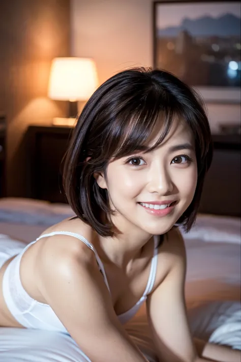 A cute 35-year-old Japanese woman、is standing on all fours in the bedroom。With short black hair、In white underwear、looking at the camera with a smile even though she is slightly embarrassed。