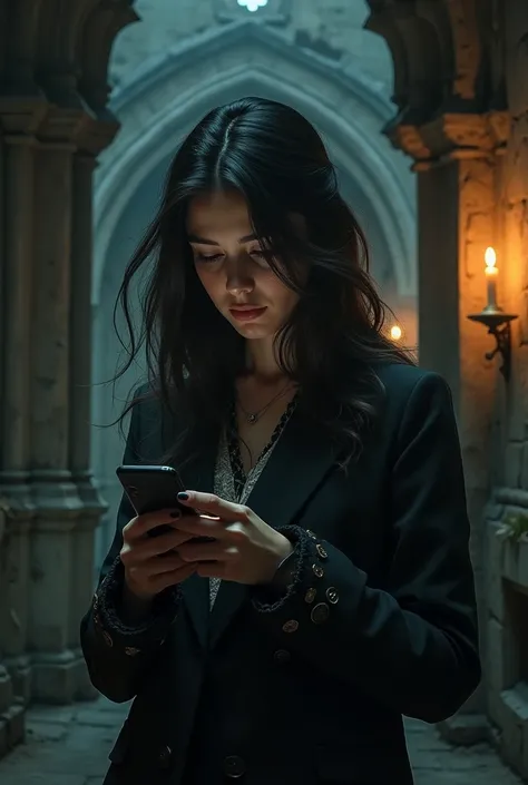 Gothic image of a casual woman looking at her phone 