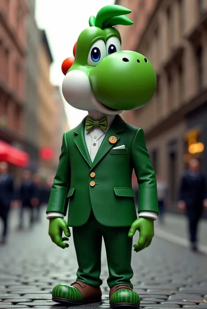 Creer yoshi en version humain , un homme au costume chic (suit) green with the yoshi icon