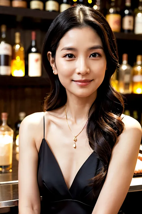 A sexy 35-year-old Japanese woman with an alluring gaze and a soft, teasing smile. Her long, wavy black hair cascades over her shoulders, with one strand gently tucked behind her ear. She wears a form-fitting black satin dress with a subtle slit, revealing...